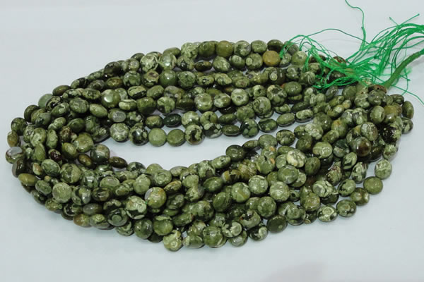 CPS35 15.5 inches 10mm flat round green peacock stone beads