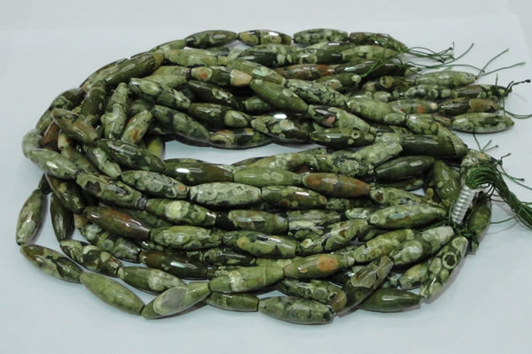 CPS70 15.5 inches 10*30mm faceted rice green peacock stone beads