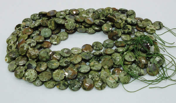 CPS84 15.5 inches 12mm faceted flat round green peacock stone beads