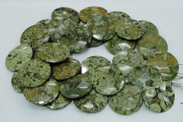 CPS88 15.5 inches 40mm faceted flat round green peacock stone beads