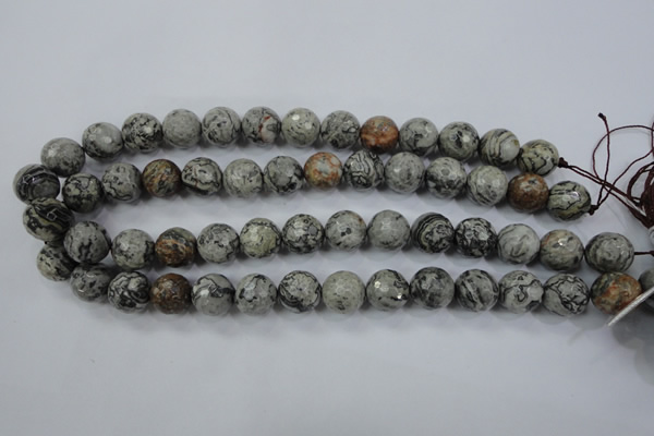 CPT115 15.5 inches 14mm faceted round grey picture jasper beads
