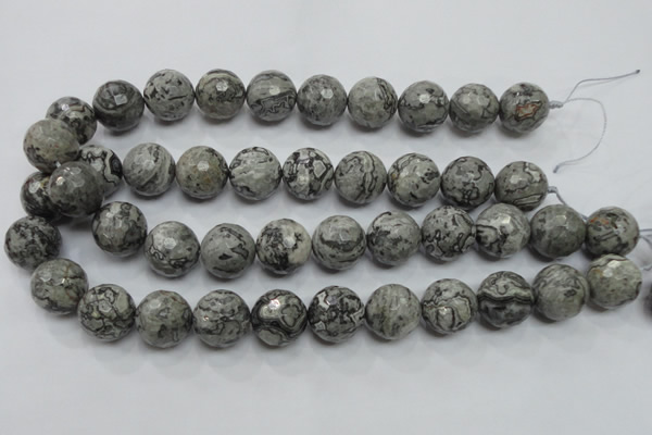 CPT117 15.5 inches 18mm faceted round grey picture jasper beads
