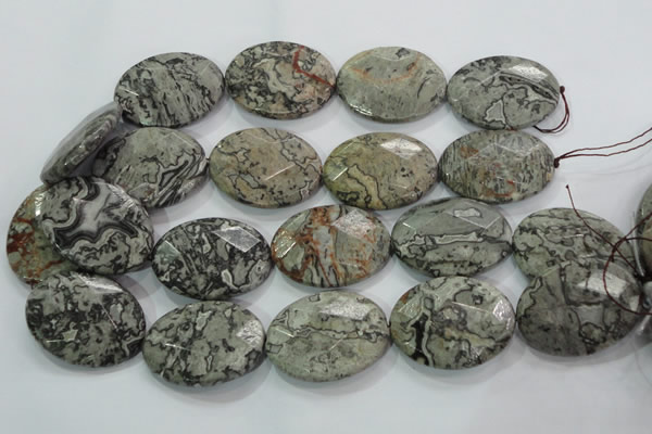 CPT130 15.5 inches 30*40mm faceted oval grey picture jasper beads