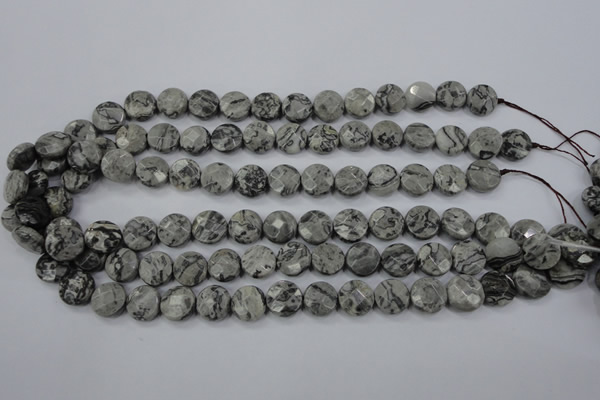 CPT140 15.5 inches 12mm faceted coin grey picture jasper beads