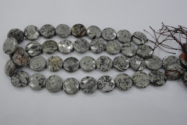 CPT141 15.5 inches 20mm faceted coin grey picture jasper beads