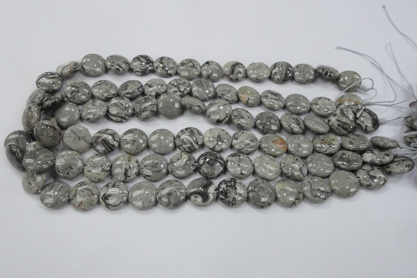 CPT164 15.5 inches 14mm flat round grey picture jasper beads