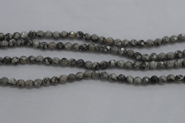 CPT186 15.5 inches 4mm faceted round grey picture jasper beads