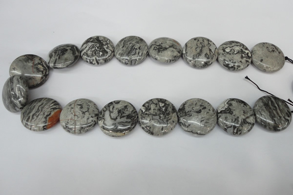 CPT360 15.5 inches 25mm flat round grey picture jasper beads