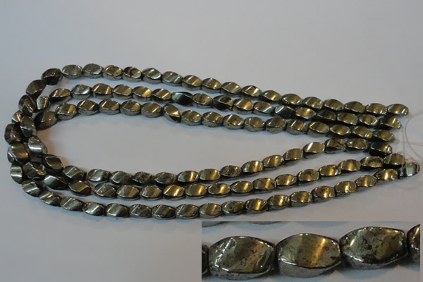 CPY345 15.5 inches 6*10mm twisted rice pyrite gemstone beads wholesale