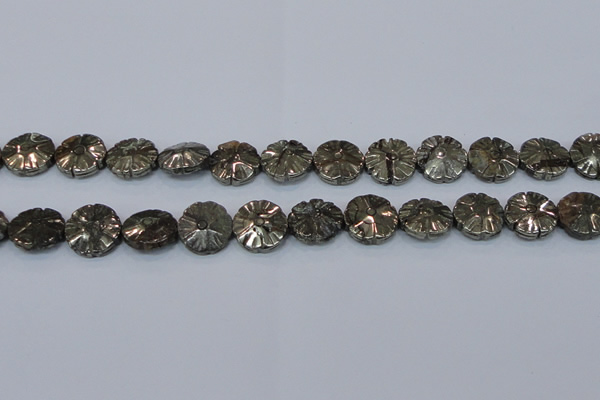 CPY660 15.5 inches 15mm carved flower pyrite gemstone beads