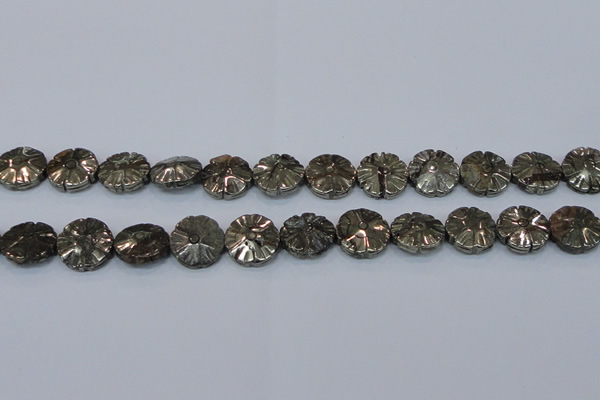 CPY661 15.5 inches 16mm carved flower pyrite gemstone beads