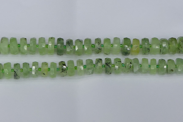 CRB1353 15.5 inches 7*14mm faceted rondelle green rutilated quartz beads