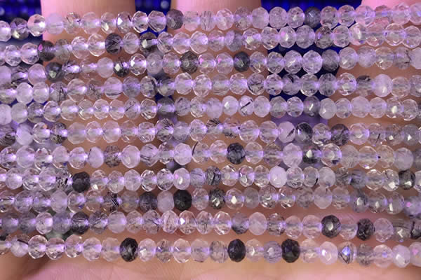 CRB2265 15.5 inches 3*4mm faceted rondelle black rutilated quartz beads