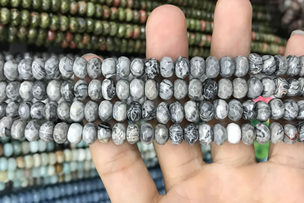 CRB4122 15.5 inches 5*8mm faceted rondelle grey picture jasper beads