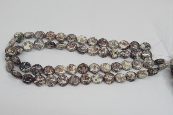 CRF237 15.5 inches 14mm flat round dyed rain flower stone beads
