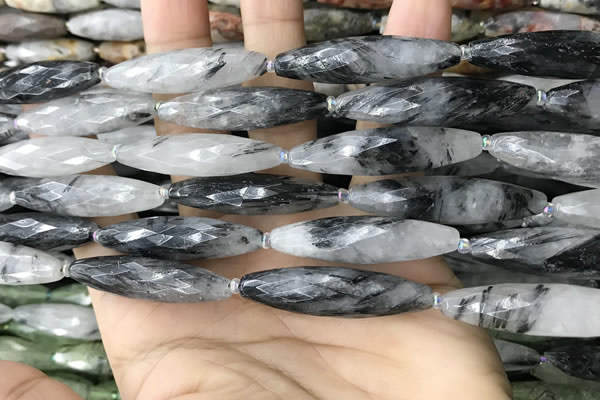 CRI155 15.5 inches 10*38mm faceted rice black rutilated quartz beads