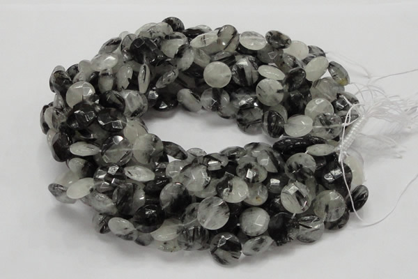 CRU04 15.5 inches 15mm faceted flat round black rutilated quartz beads