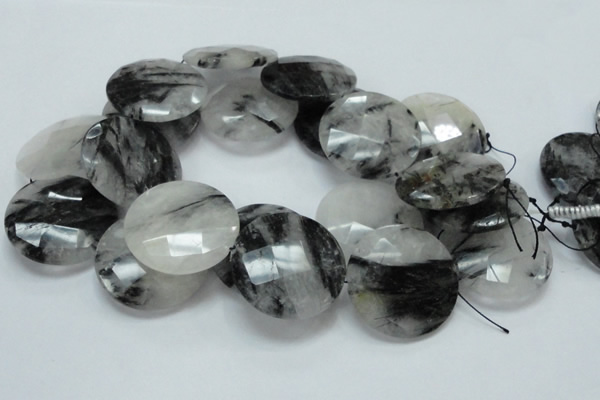 CRU07 15.5 inches 40mm faceted flat round black rutilated quartz beads