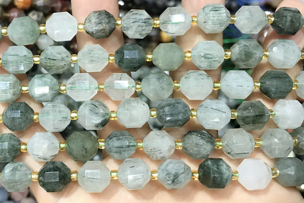 CRU1035 15 inches 9*10mm faceted green rutilated quartz beads wholesale
