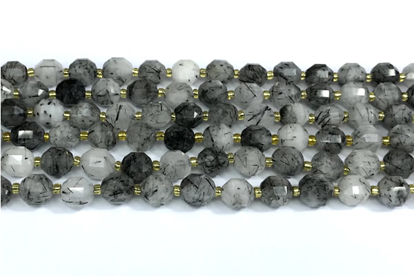 CRU1050 15 inches 9mm - 10mm faceted black rutilated quartz beads