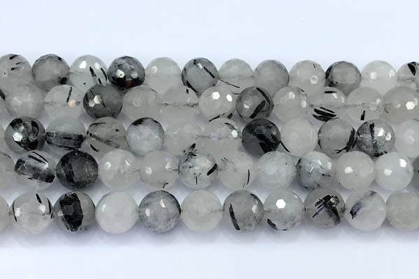 CRU1072 15 inches 10mm faceted round black rutilated quartz beads