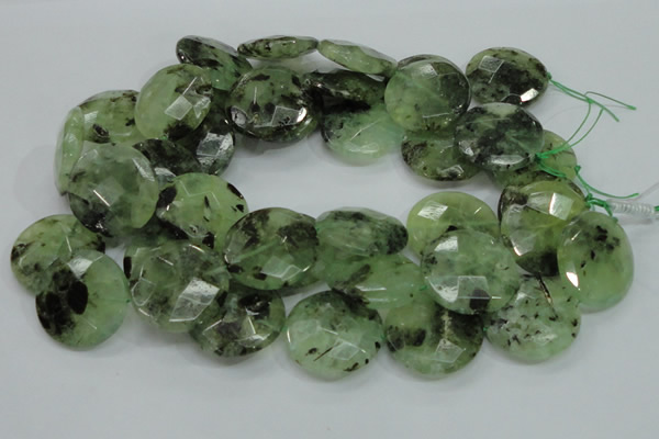CRU117 15.5 inches 30mm faceted coin green rutilated quartz beads