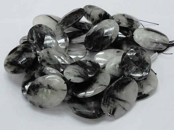 CRU21 15.5 inches 35*50mm faceted oval black rutilated quartz beads