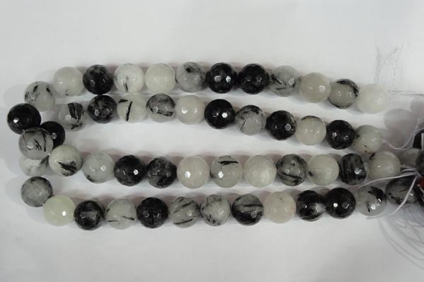 CRU317 15.5 inches 16mm faceted round black rutilated quartz beads