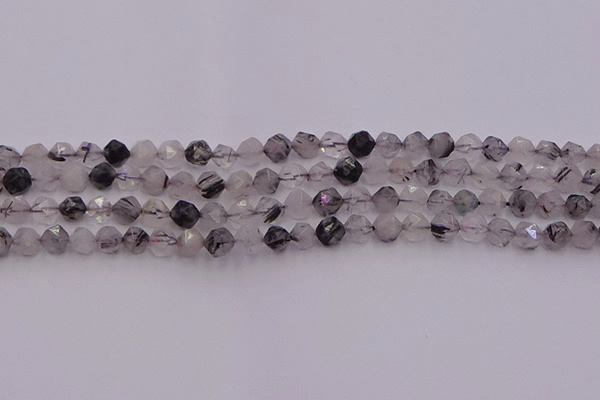CRU511 15.5 inches 6mm faceted nuggets black rutilated quartz beads