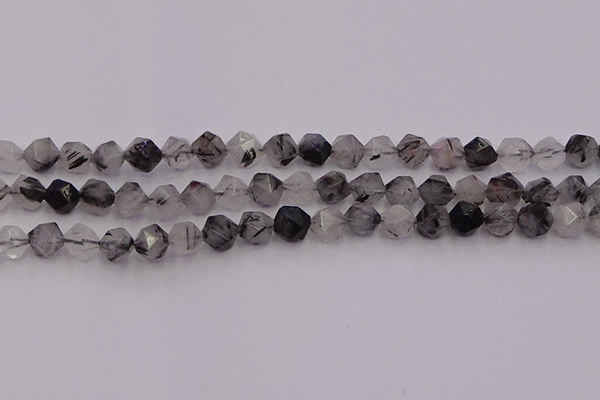 CRU512 15.5 inches 8mm faceted nuggets black rutilated quartz beads