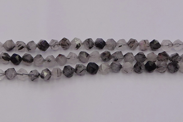 CRU513 15.5 inches 10mm faceted nuggets black rutilated quartz beads