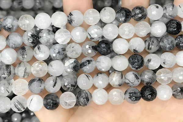 CRU967 15.5 inches 8mm faceted round black rutilated quartz beads