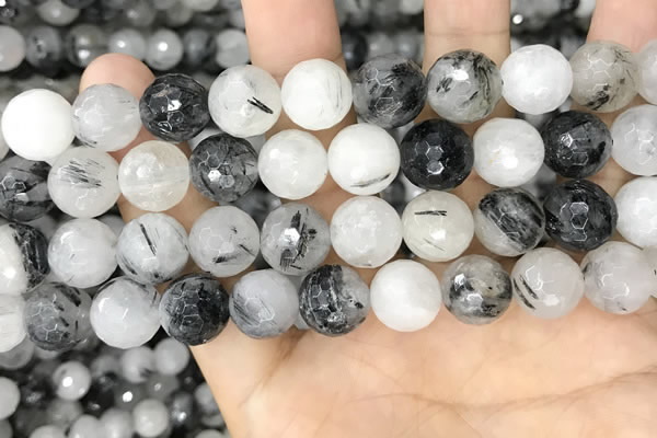 CRU969 15.5 inches 12mm faceted round black rutilated quartz beads