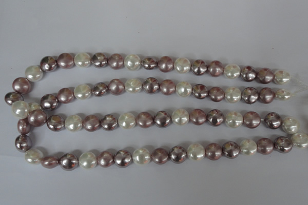 CSB184 15.5 inches 12mm flat round mixed color shell pearl beads