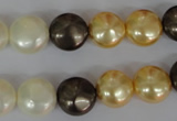 CSB185 15.5 inches 12mm flat round mixed color shell pearl beads