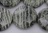 CSJ123 15.5 inches 30mm faceted coin green silver line jasper beads