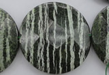 CSJ126 15.5 inches 50mm faceted coin green silver line jasper beads
