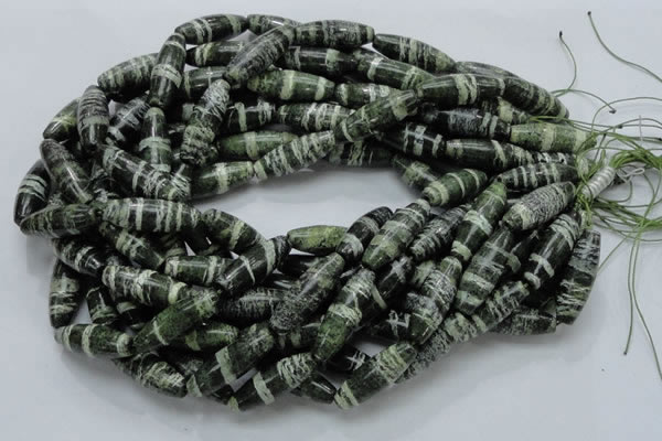 CSJ19 15.5 inches 10*30mm rice green silver line jasper beads