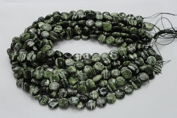 CSJ41 15.5 inches 10mm flat round green silver line jasper beads