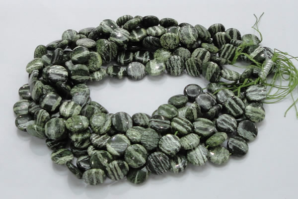 CSJ43 15.5 inches 15mm flat round green silver line jasper beads