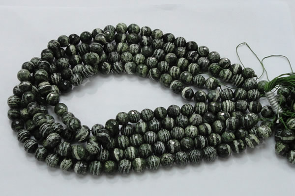 CSJ65 15.5 inches 10mm faceted round green silver line jasper beads