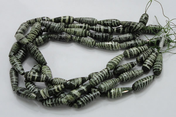 CSJ76 15.5 inches 10*30mm faceted teardrop green silver line jasper beads