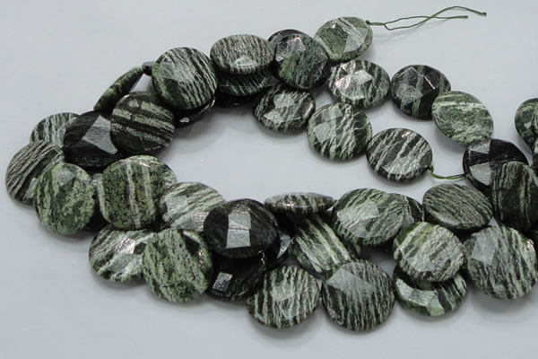 CSJ83 15.5 inches 25mm faceted flat round green silver line jasper beads