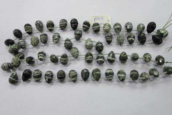 CSJ86 Top-drilled 10*14mm faceted teardrop green silver line jasper beads