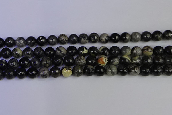 CSL214 15.5 inches 12mm round black silver leaf jasper beads