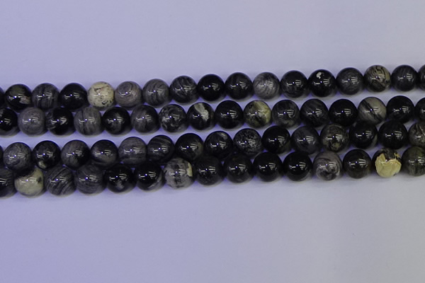CSL215 15.5 inches 14mm round black silver leaf jasper beads