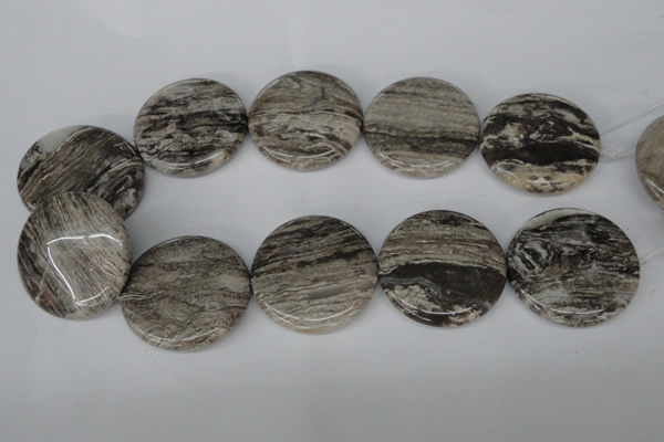 CSL37 15.5 inches 40mm flat round silver leaf jasper beads wholesale
