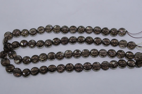 CSQ124 12mm faceted flat round grade AA natural smoky quartz beads