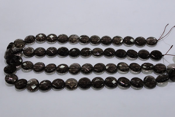 CSQ125 15.5 inches 14mm faceted flat round grade AA natural smoky quartz beads