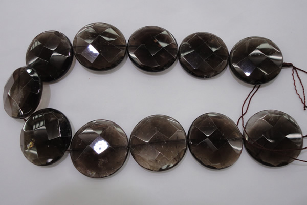 CSQ222 15.5 inches 35mm faceted coin grade AA natural smoky quartz beads